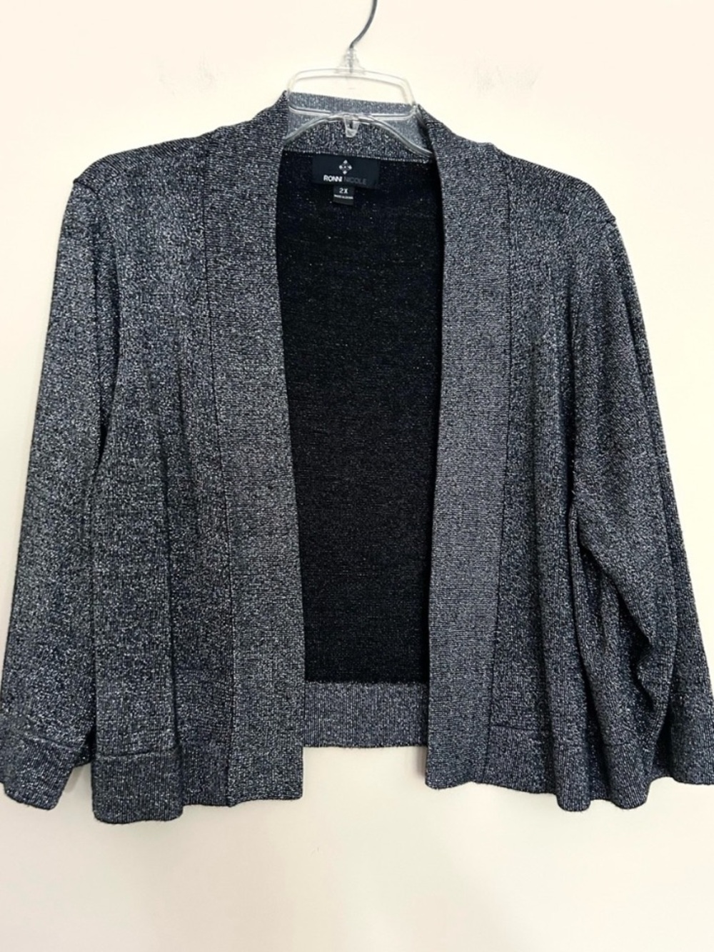 Ronni Nicole Women’s Black-Silver Metallic Lurex Open-Front Cropped Cardigan